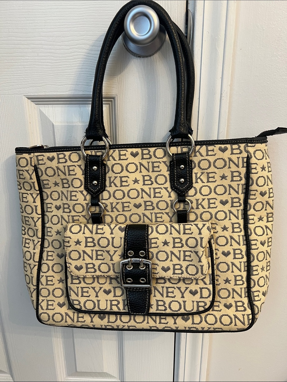 Dooney & Bourke Cream and Black Signature Logo Tote